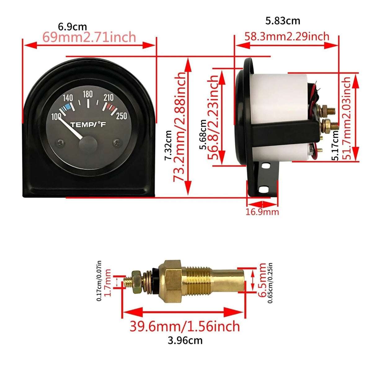 Water Temperature Gauge 52mm 12V 100-250F Mechanical Pointer Universal for Boat