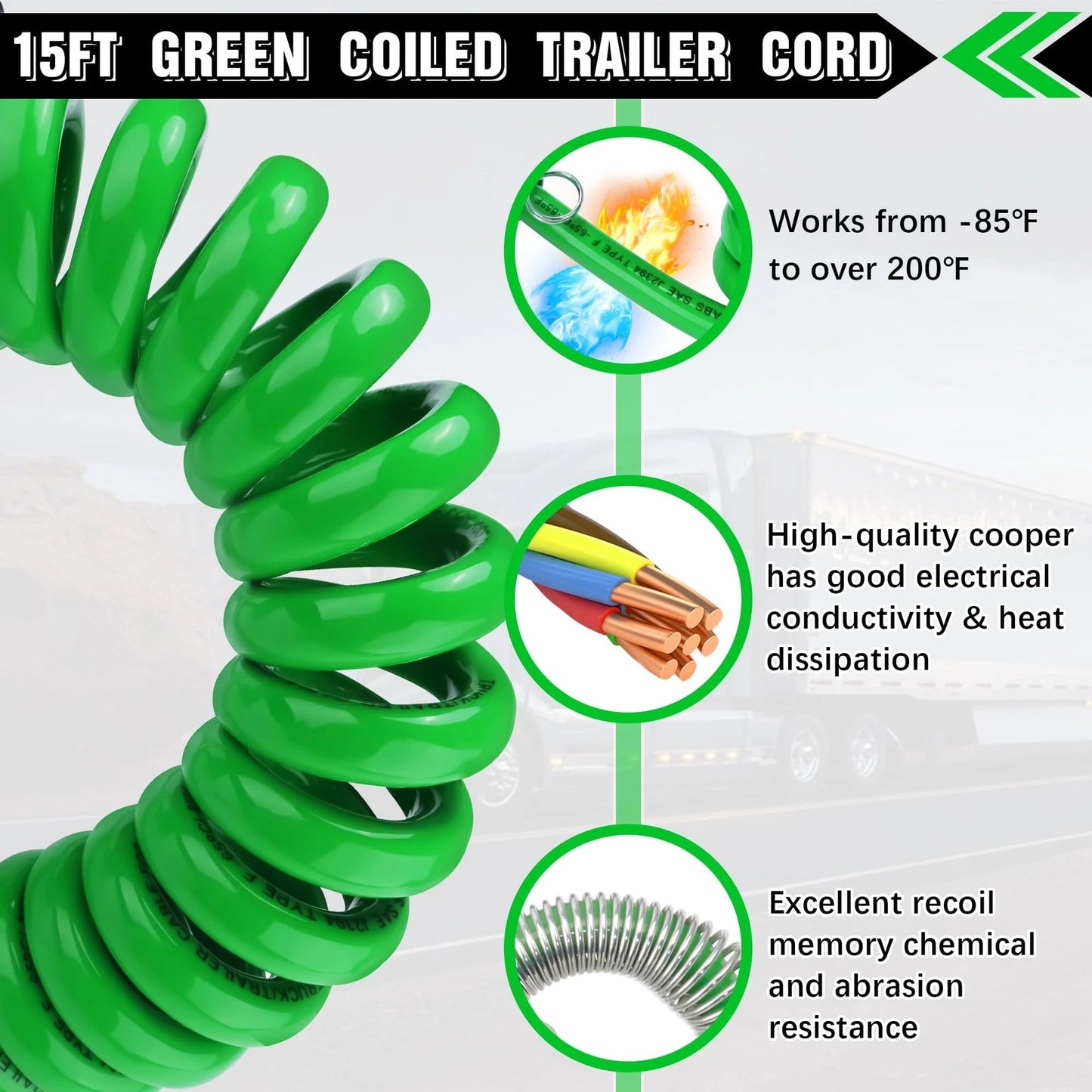 Ailbiuko 7 Way ABS Cord 12FT Green Coiled Pigtail Longtail