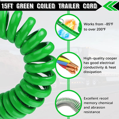 Ailbiuko 7 Way ABS Cord 12FT Green Coiled Pigtail Longtail