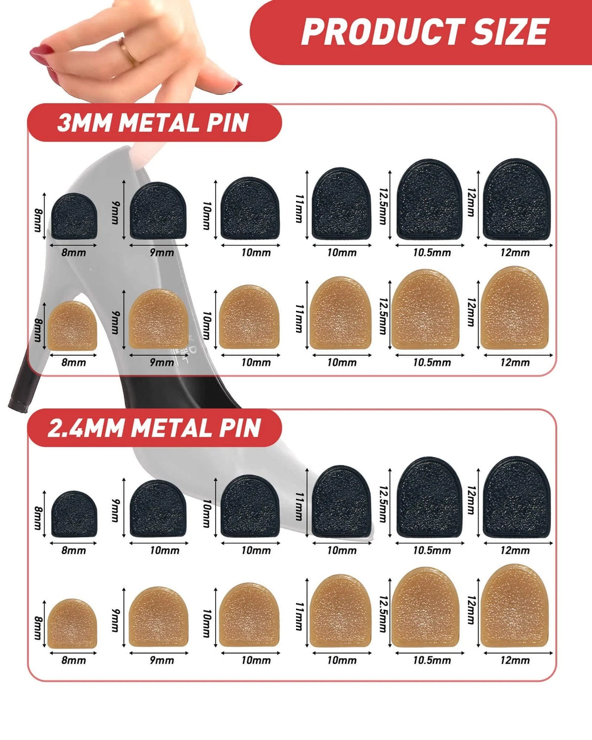 TRIZILLA 24 Pairs High Heel Replacement Tips, 6 sizes, Black Beige