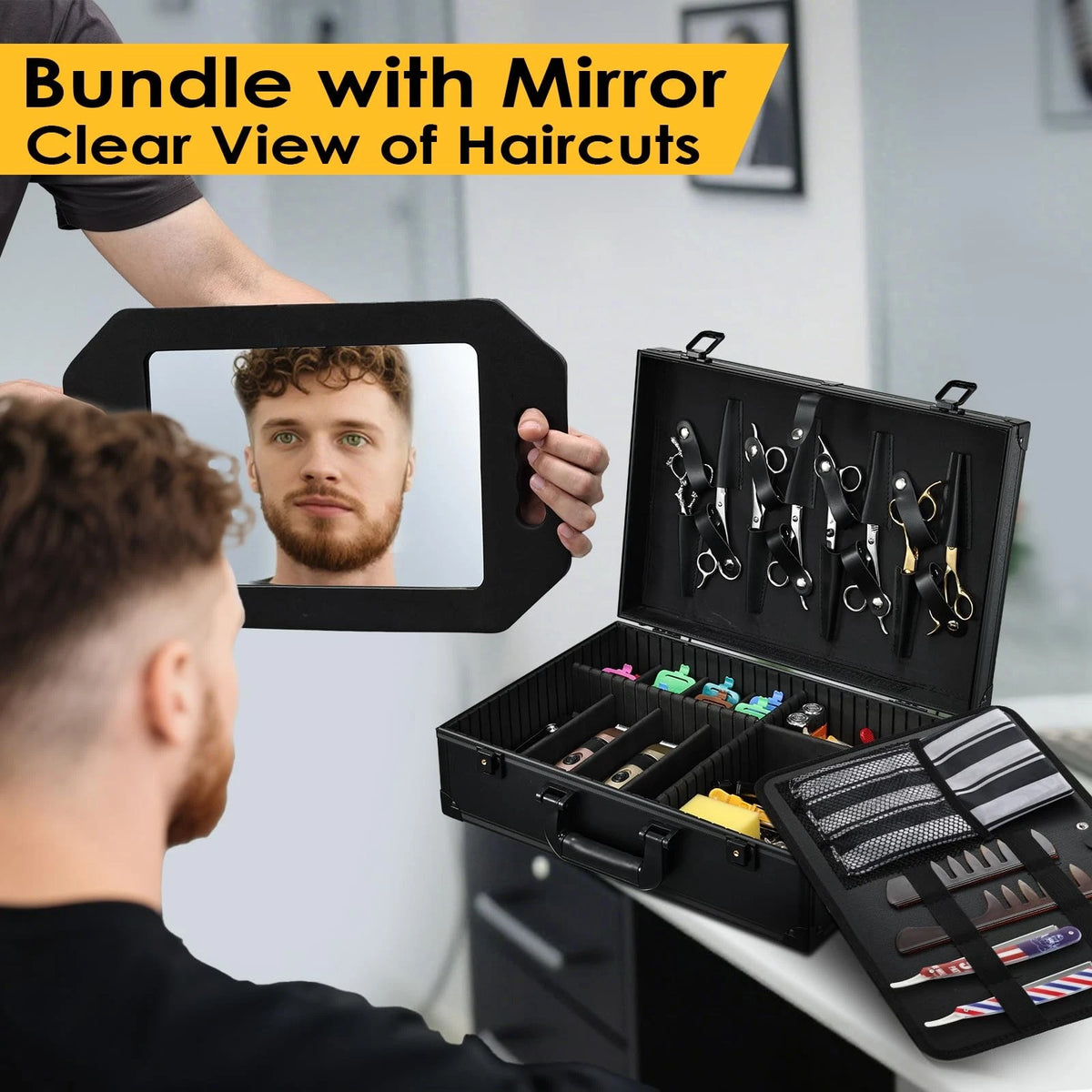 Yueieoun Barber Accessory Case with Mirror, Profesional Barbers Black