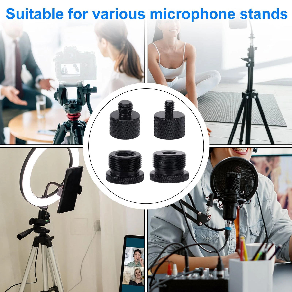 16pcs Mic Stand Adapter Parts Set, 5/8 to 3/8 & 1/4 Aluminum black