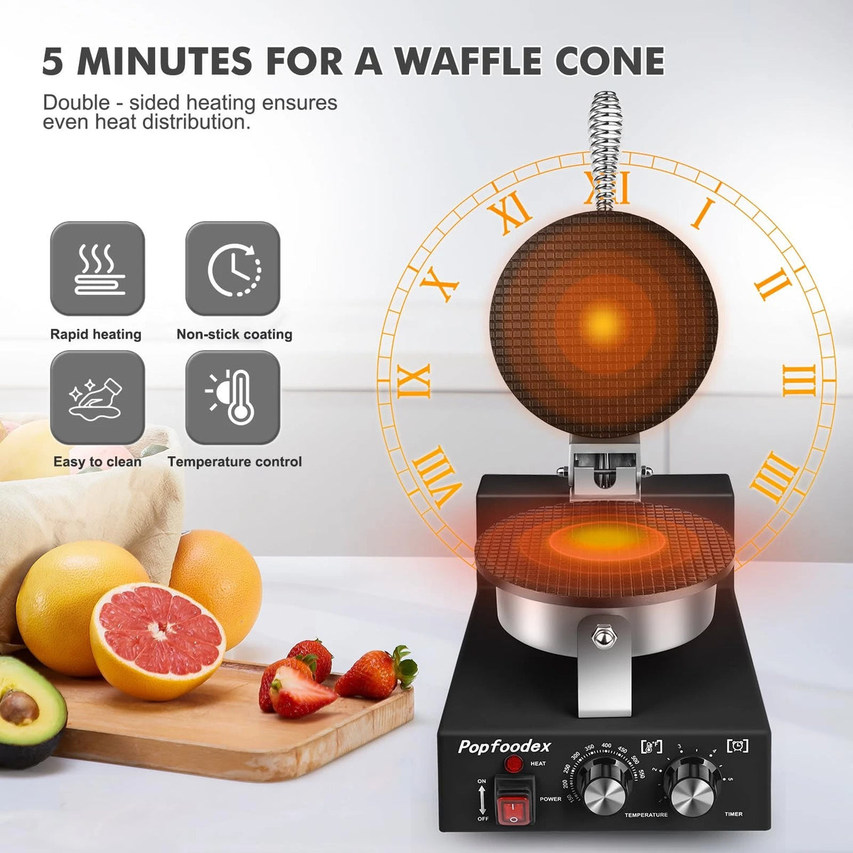 Popfoodex Commercial Waffle Cone Maker - 1200W Single Round, Black