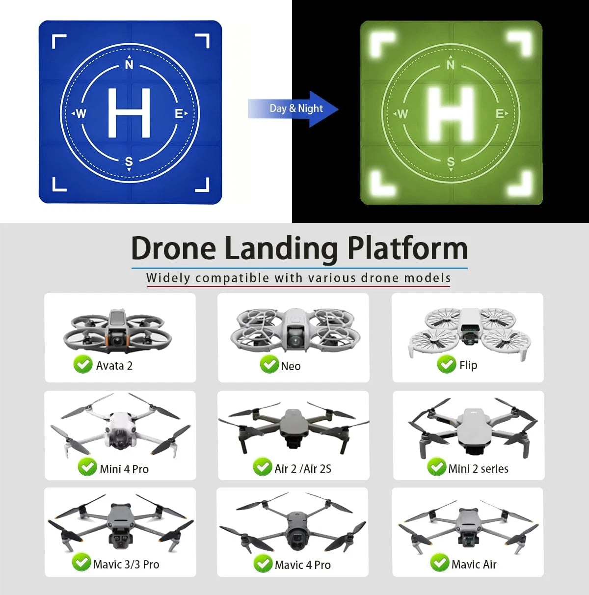 Drone Landing Pad Weighted, Foldable Launch 26-inch square, Blue/Green