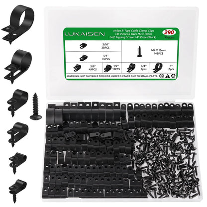 Cable Clips for Management Cord Organizer, 6 Sizes 290pcs, 290PCS Black