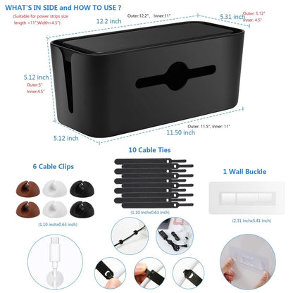 Cable Management Box,Cord Organizer Box for Desk 11.5X 5.12 X 5 inches, BLACK