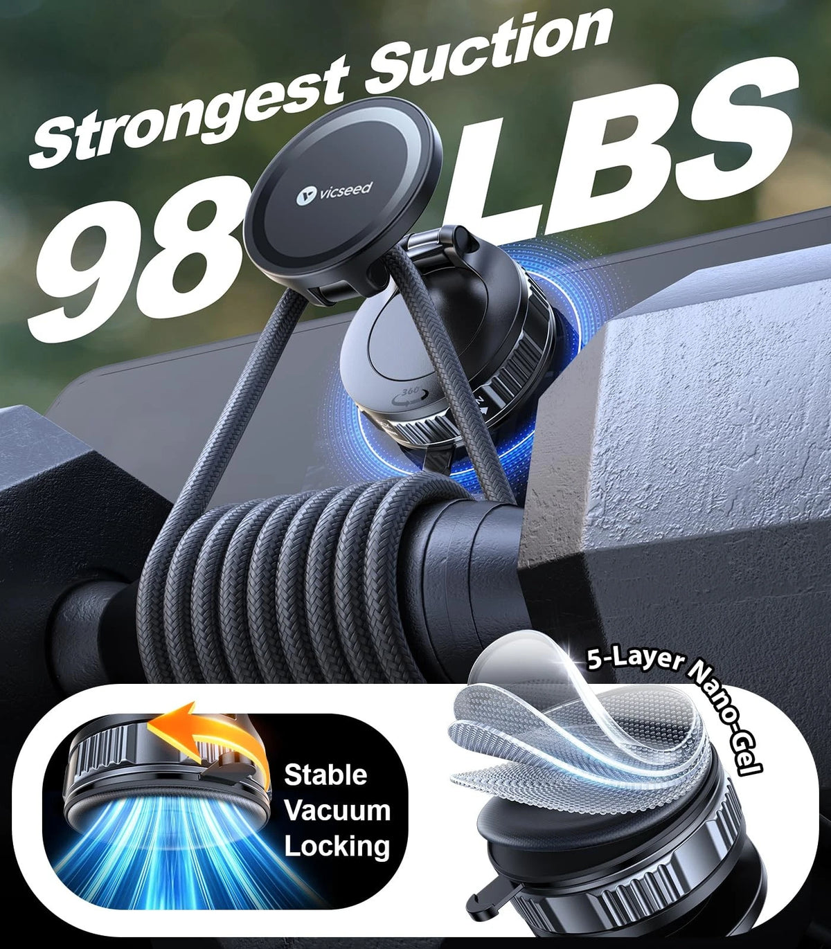 VICSEED Ultimate for Magsafe Car Mount [98+LBS Strongest Suction] 360° Black