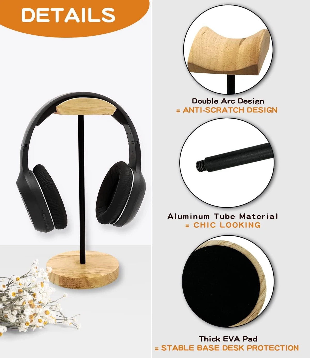 Headphone Stand Nature Wood & Aluminum Headset Hanger Mount Hook Black, Brown