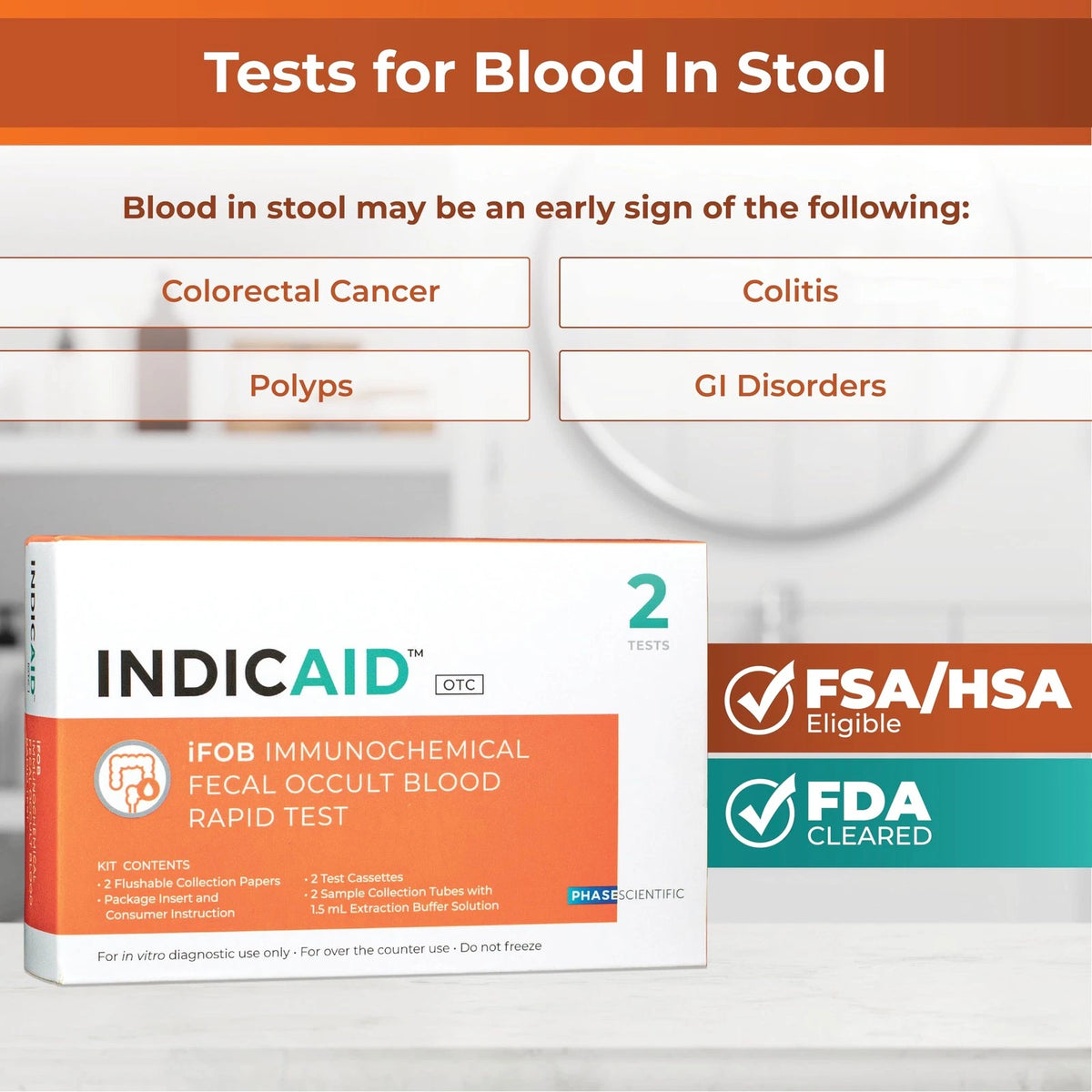 INDICAID Immunochemical Fecal Occult Blood 1 Count (Pack of 2), White, Orange