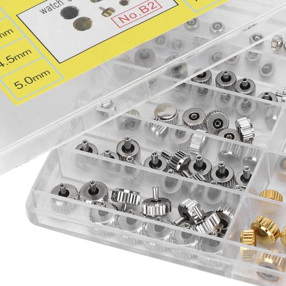 100Pcs Brass Watch Crown Watchmaker Repair Spare Parts Silver&Gold Heads Box D