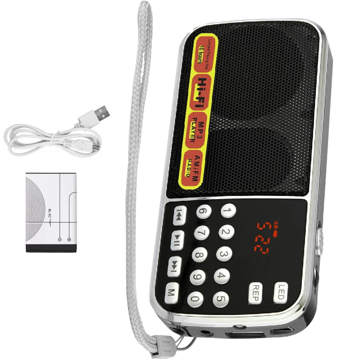 Portable Radio AM FM Digital Screen uses a rechargeable BL-5C lithium battery