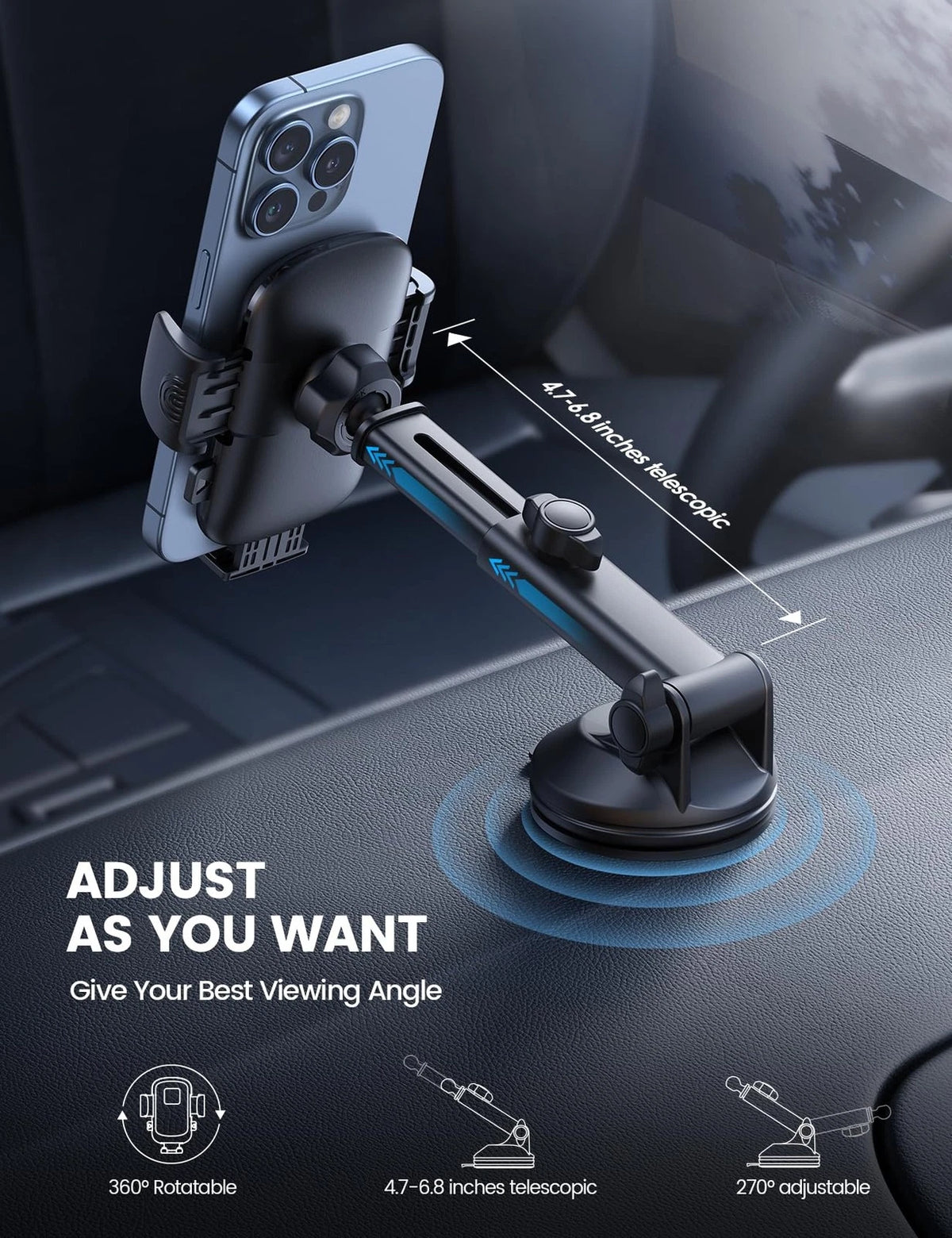 Lamicall Car Phone Holder [3-in-1 Pro Version Suction Cup] 360° Black