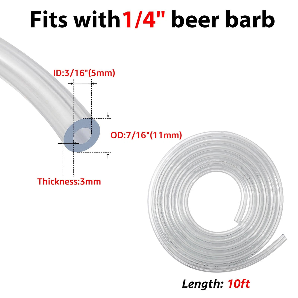 10ft Kegerator Beer Line Tubing 3/16" with Barb Fitting, Clear