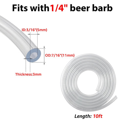 10ft Kegerator Beer Line Tubing 3/16" with Barb Fitting, Clear