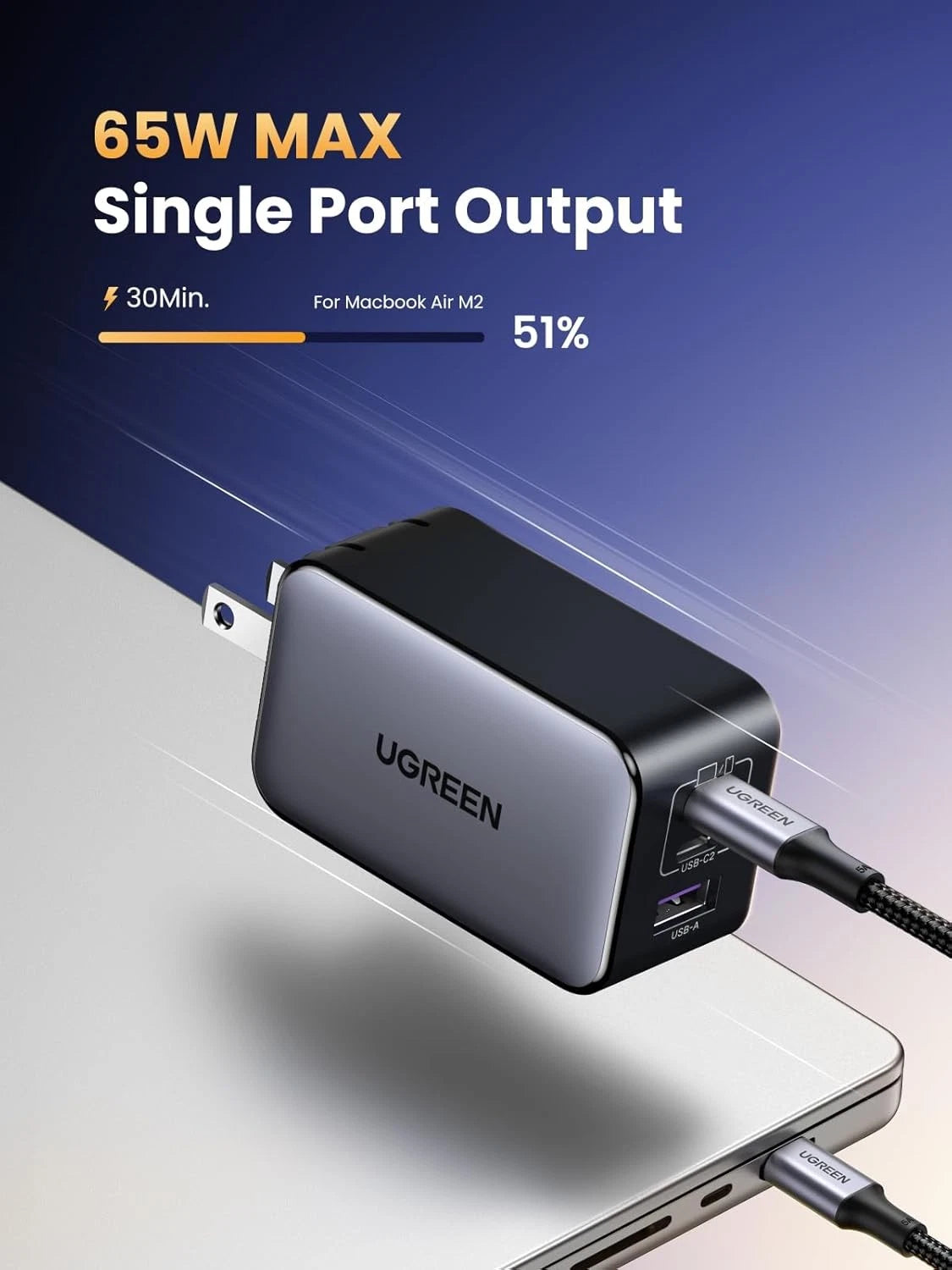 UGREEN 65W USB C Charger Block, Nexode 3-Port GaN Fast Type C Charger, Black