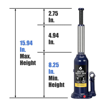 Torin 6 Ton (12,000 LBs) Hydraulic Welded Bottle Jack, Portable 6 Ton, Blue