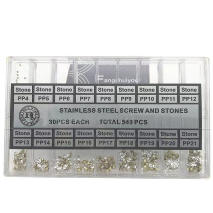 18-Size Acrylic Round Watch Rhinestone Diamond Screws Stones Assortment 540pcs