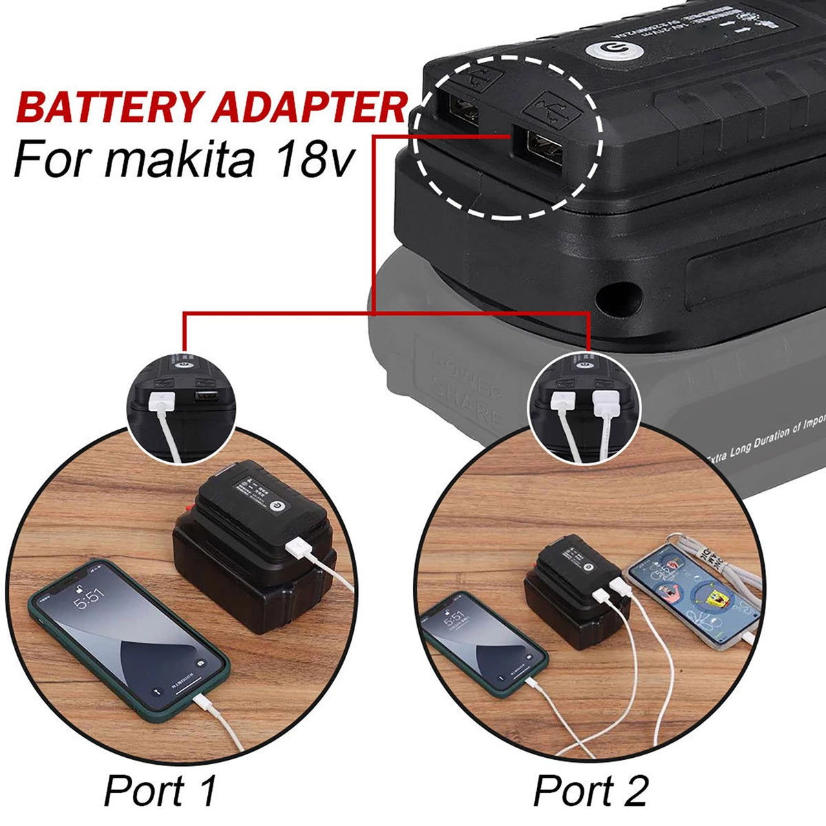 2 USB Adapter LED Work Light For Makita 18V Li-ion Battery BL1830 BL1430/1850