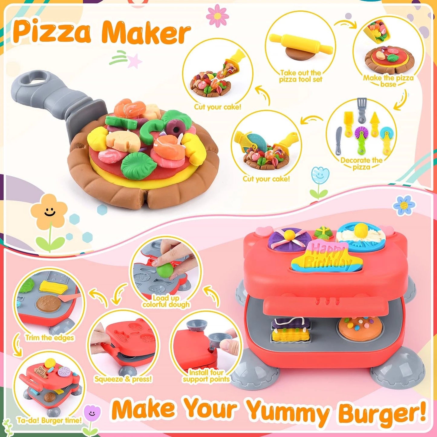 5-in-1 Color Dough Sets for Kids Ages 3+ DIY Food Maker Toys Set with 24 Pink