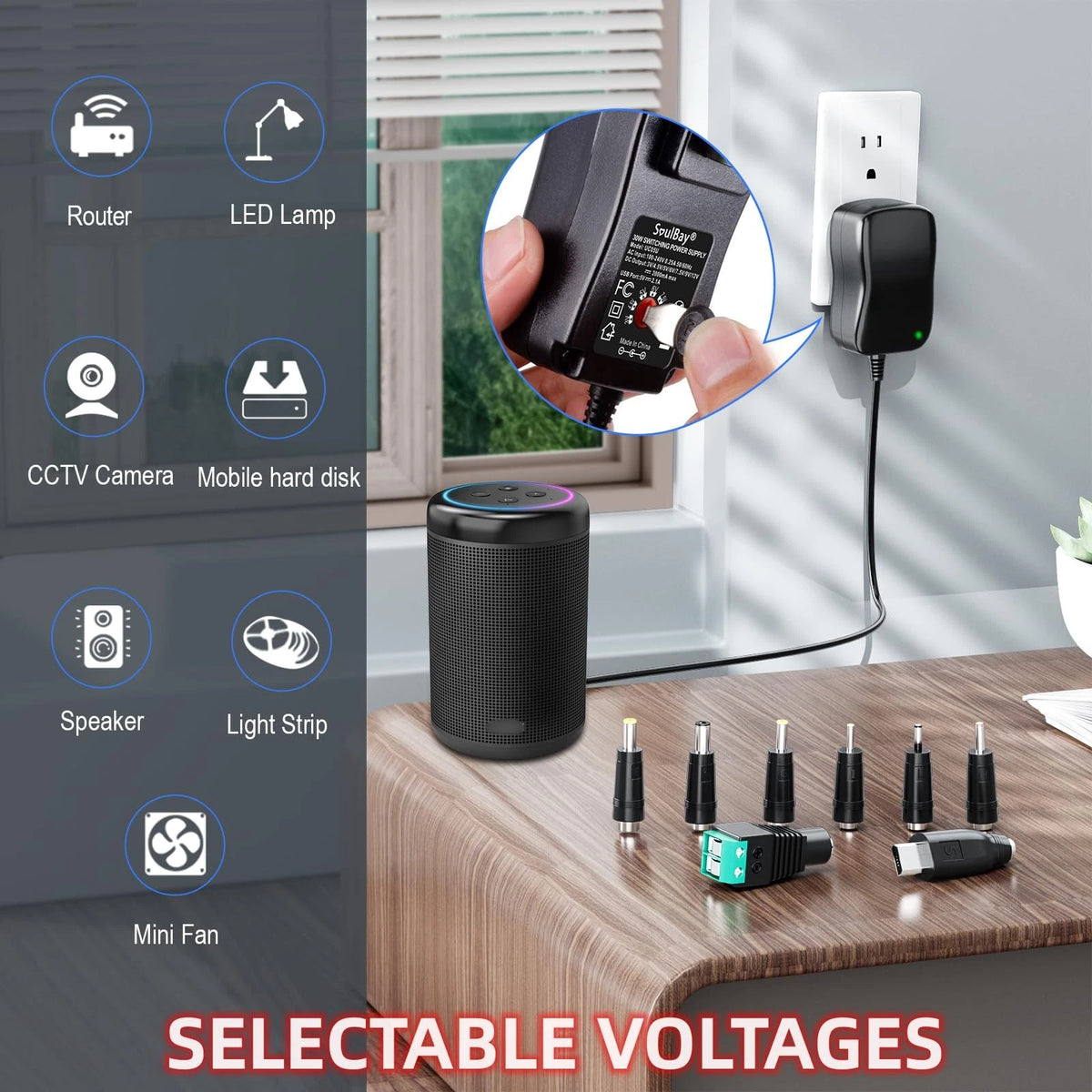 SoulBay 12V Power Supply Universal AC DC Adapter Charger with Black