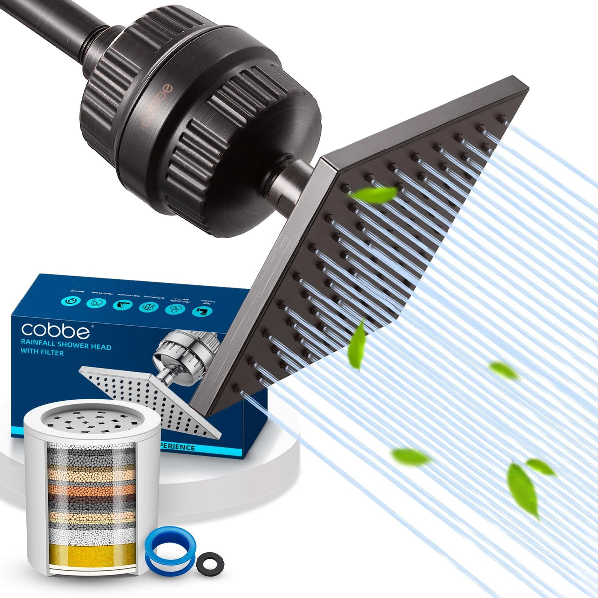 Cobbe High Pressure Filtered Shower Head with Filters for Hard Water Combo ORB