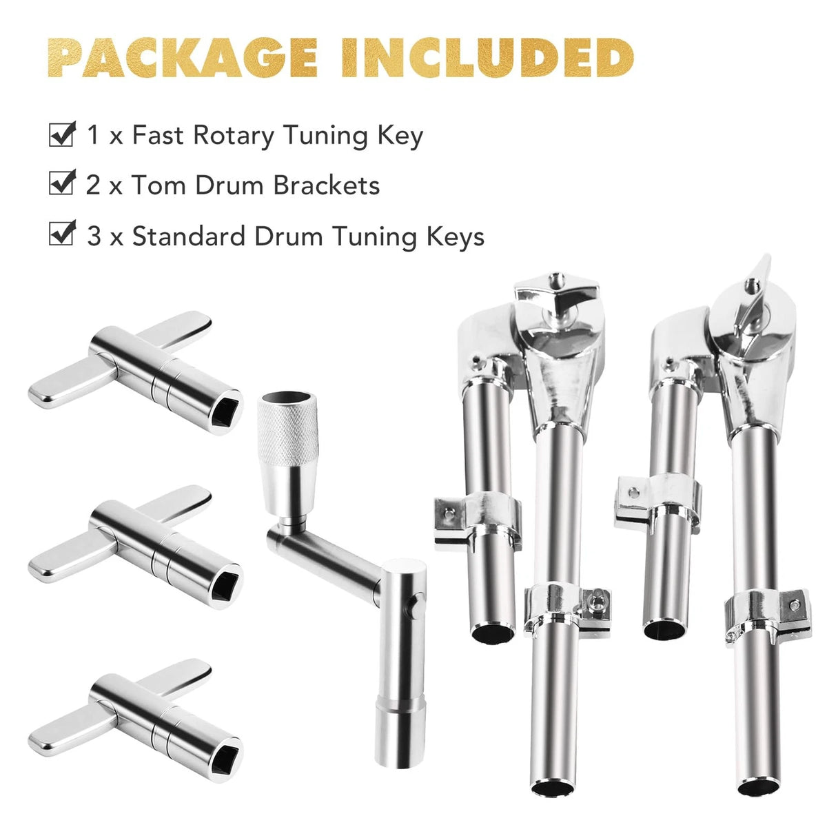 Seteol Drum Key & Tom Brackets Set, 3 Standard Square Lug Silver