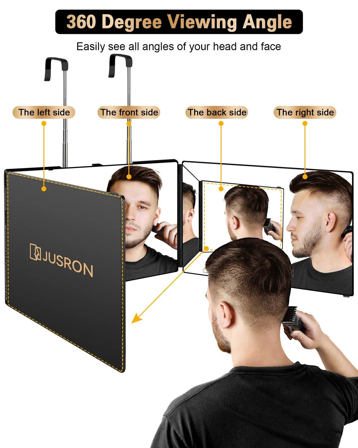 JUSRON 360 Viewing Angle Self Hair Cutting 12.4"L x 7.5"W, Black Without Led