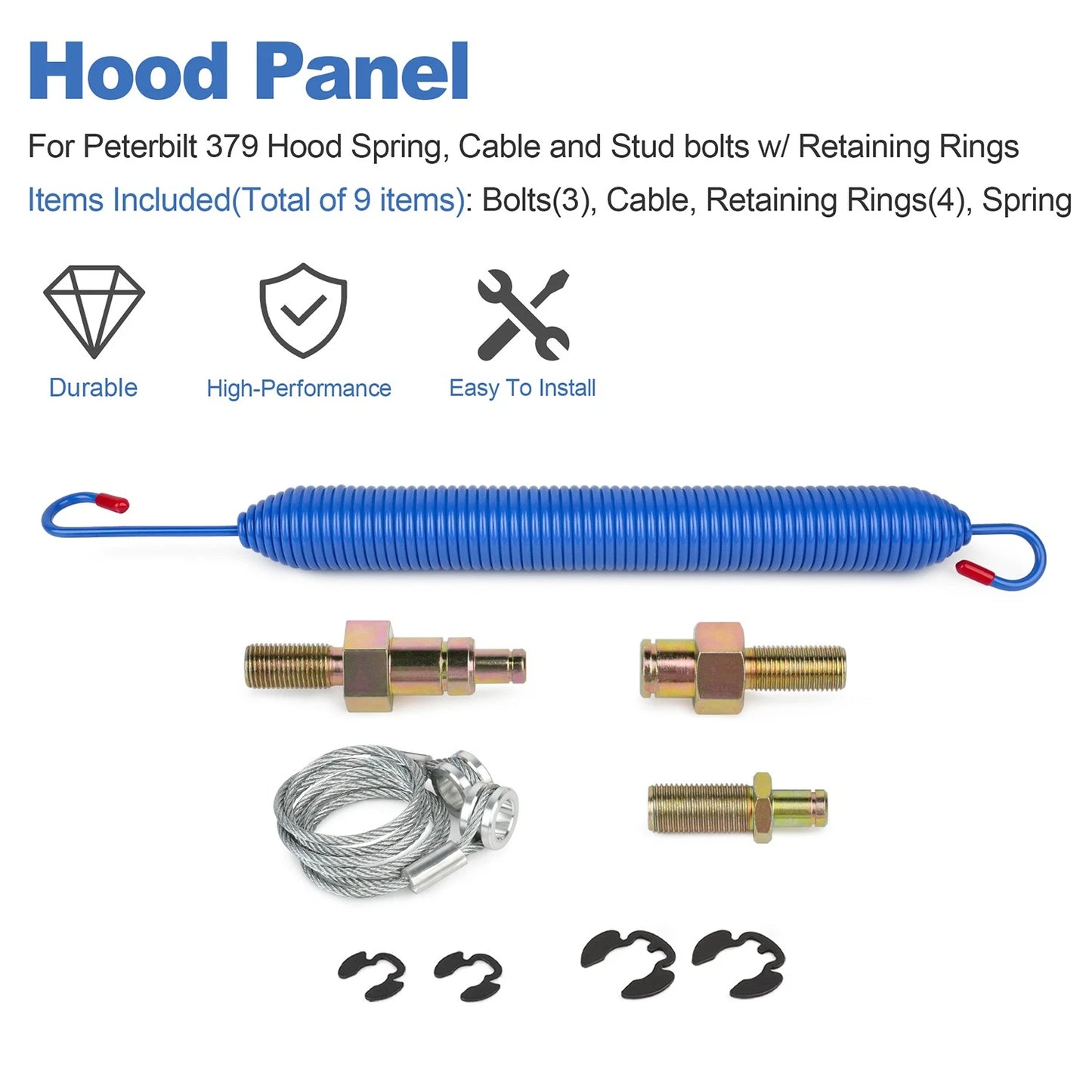 Peterbilt 379 Hood Spring, Cable and Stud bolts w/ Retaining Rings
