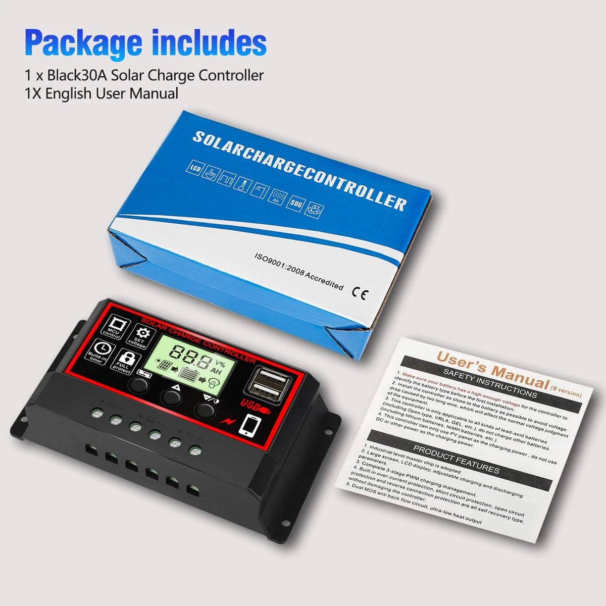 [Upgraded] 30A Solar Charge Controller, Black Panel 30A, red|black