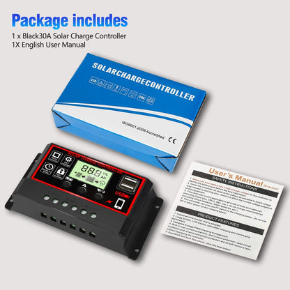 [Upgraded] 30A Solar Charge Controller, Black Panel 30A, red|black
