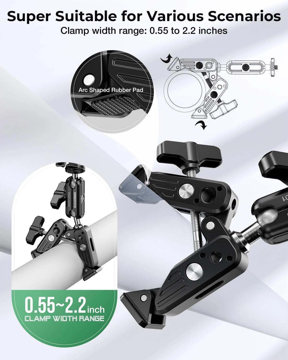 Super Clamp Camera Mount, 360° Dual Ballhead Magic Arm, 1/4"-20 & Black
