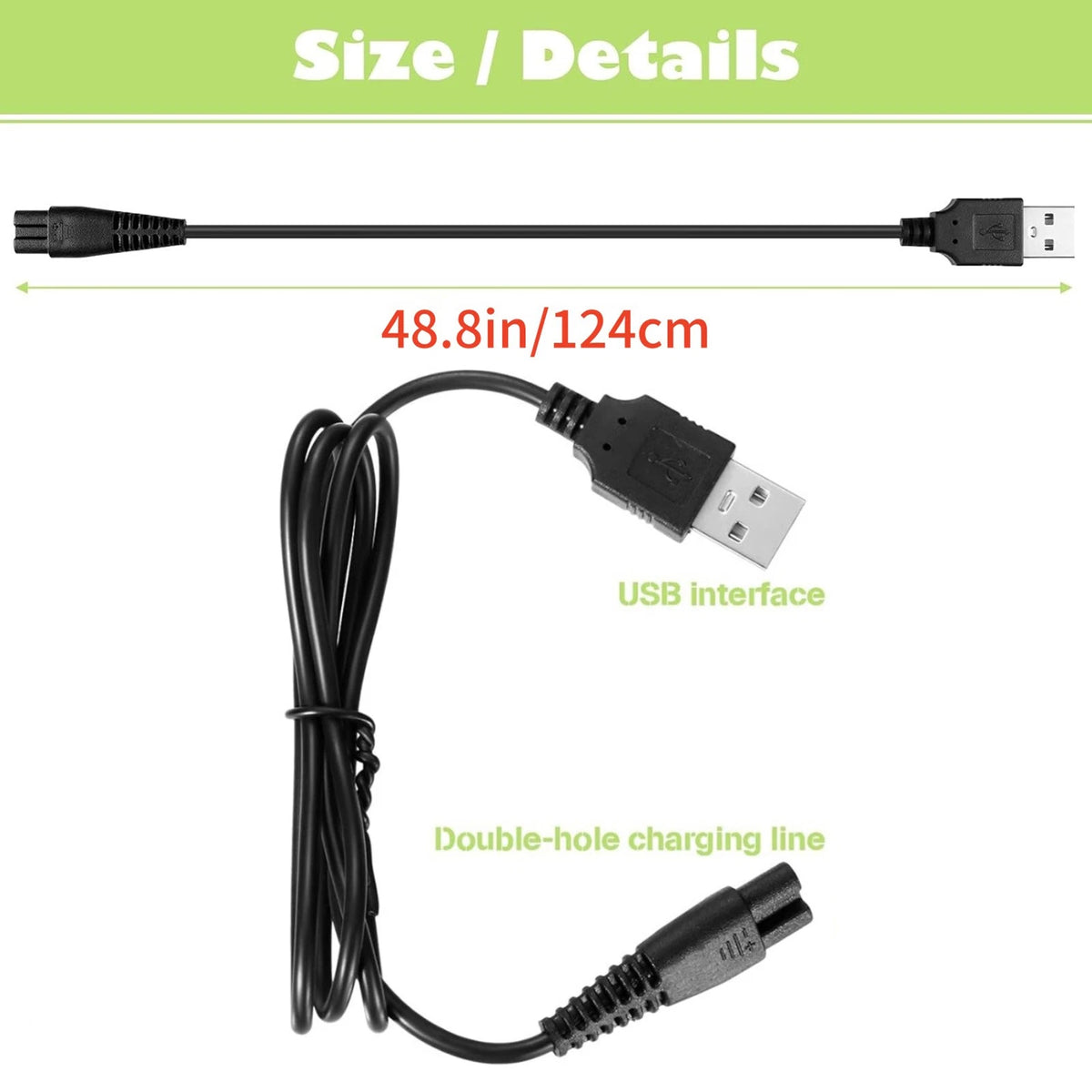 Replacement USB Cable for Shaver Charger DC 12-24V 1A Power Cord 124 cm Long