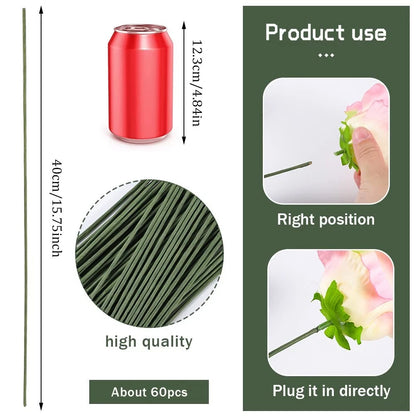 60 Pack Floral Stems Wire for Paper Flower 2 Gauge 2 Green, Green