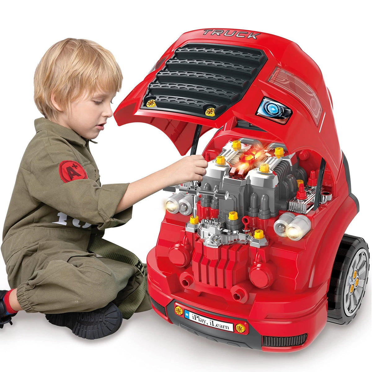 iPlay, iLearn Large Truck Engine Toy, Kids Mechanic Repair Set for big, Red