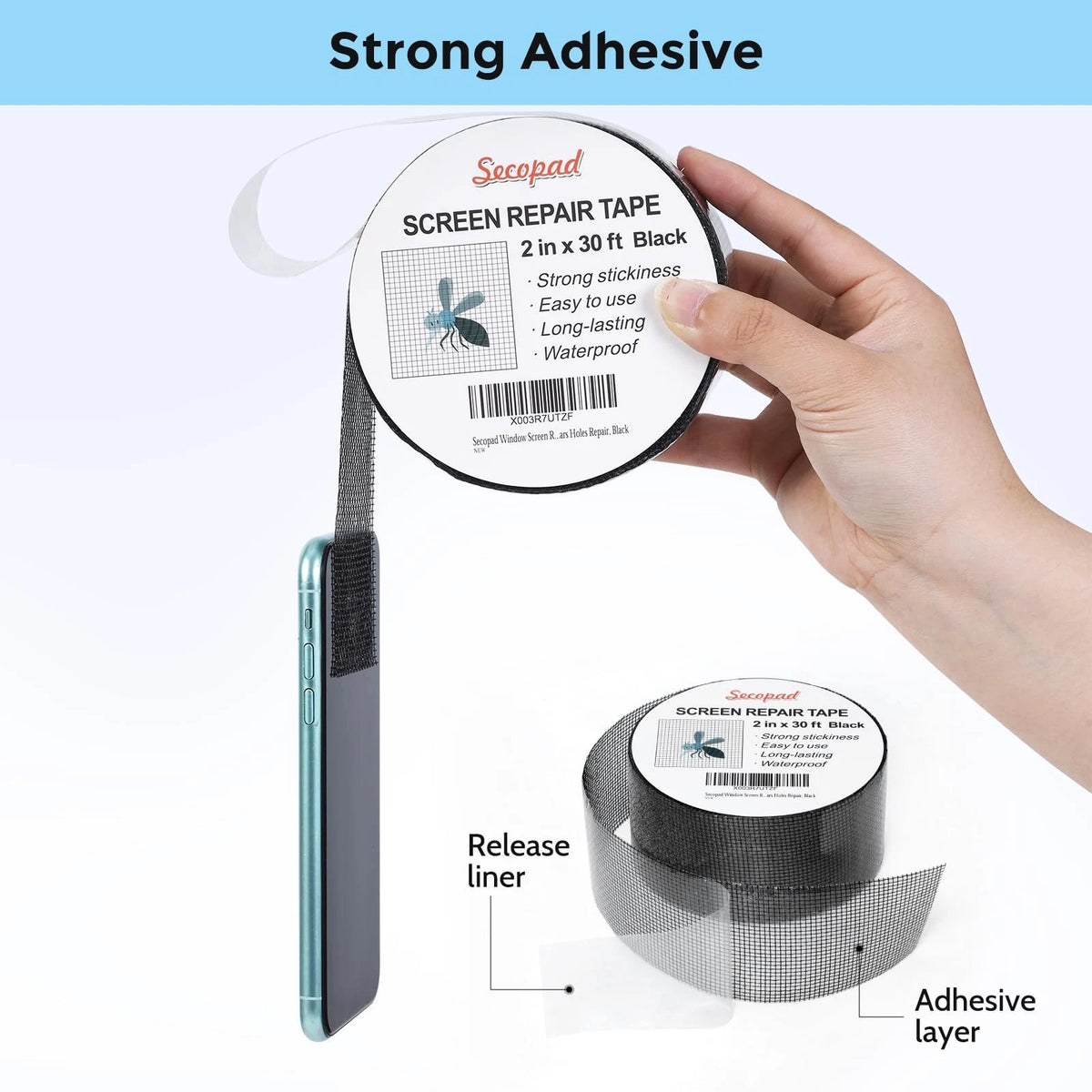 Secopad Black Window Screen Repair Tape, 2 in X 30 FT 2IN x 30FT,