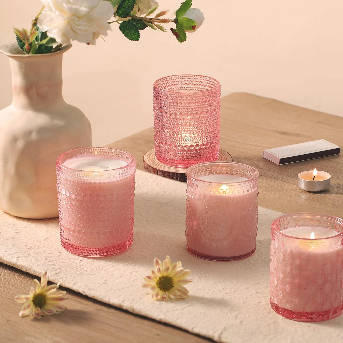 DARJEN 12 Pack Pink Candle Jars for Making Candles- 3 Styles Glass