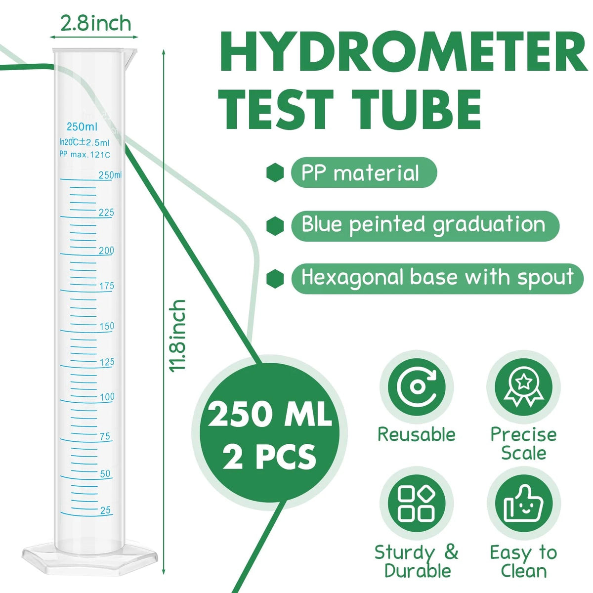 Affrolling 2 Pack 250ml Plastic Graduated Cylinder Hydrometer Test Tube...