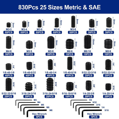 Zuorery 830Pcs 25 Sizes Metric + M3 M4 M5 M6 M8 1/8 5/32 3/16 1/4 5/16, Black