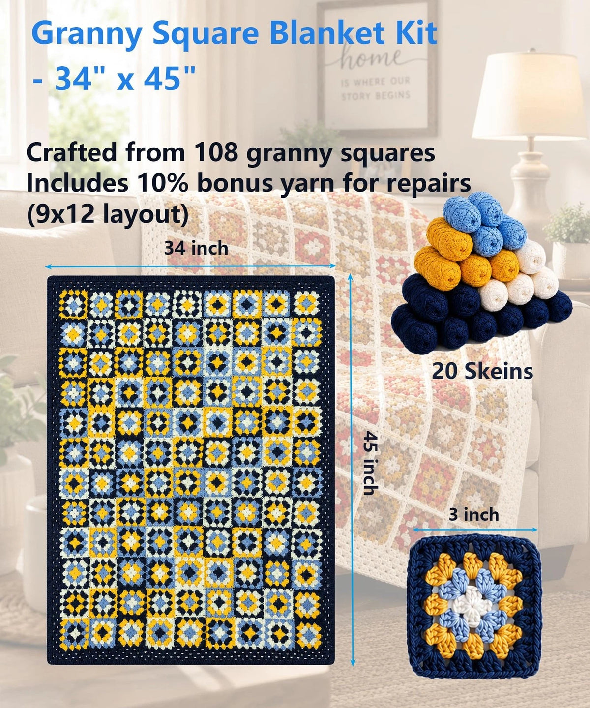 Kitcroet Granny Square Crochet Kit for Beginners, Complete Coastal Sunshine