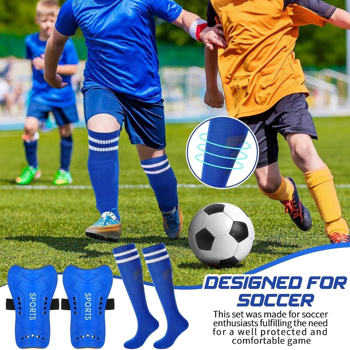 Syhood Soccer Shin Guards and Socks for Toddler Kids Youth, M Size, Blue