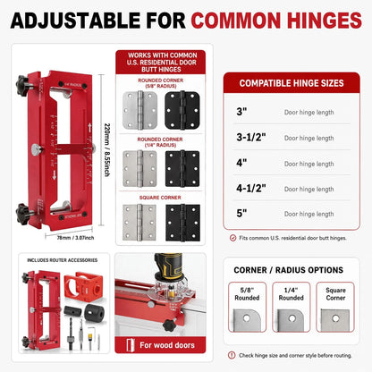 KATA Door Hinge Mortise Jig & Lock Installation Kit for 2.5"–5" Red