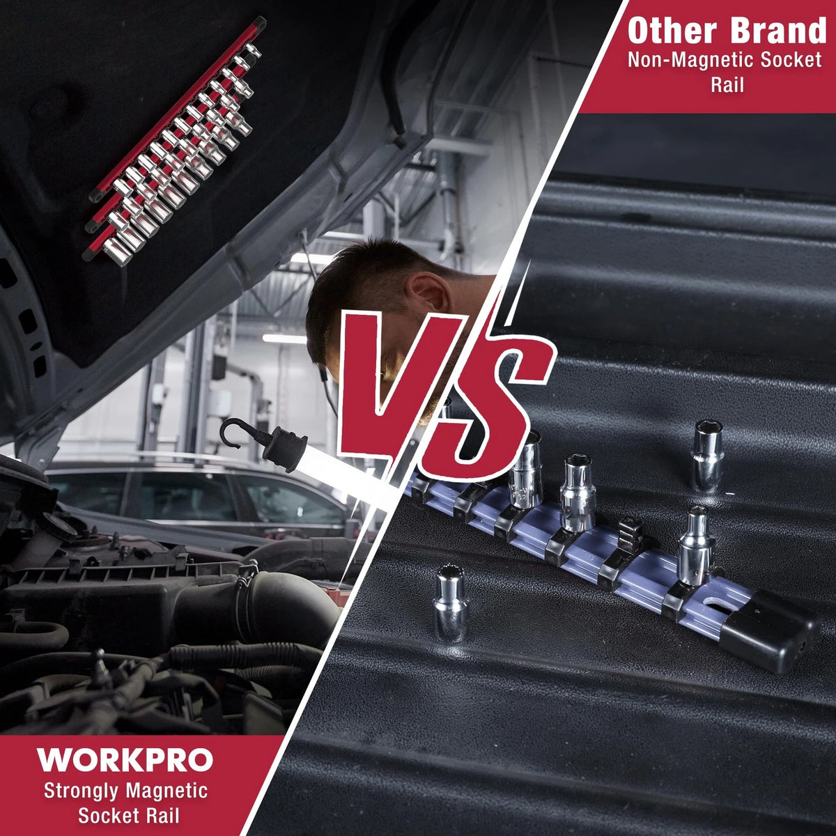 WORKPRO Magnetic Socket Organizer, 3/8-Inch Drive Aluminum Alloy 3/8" DR, Red