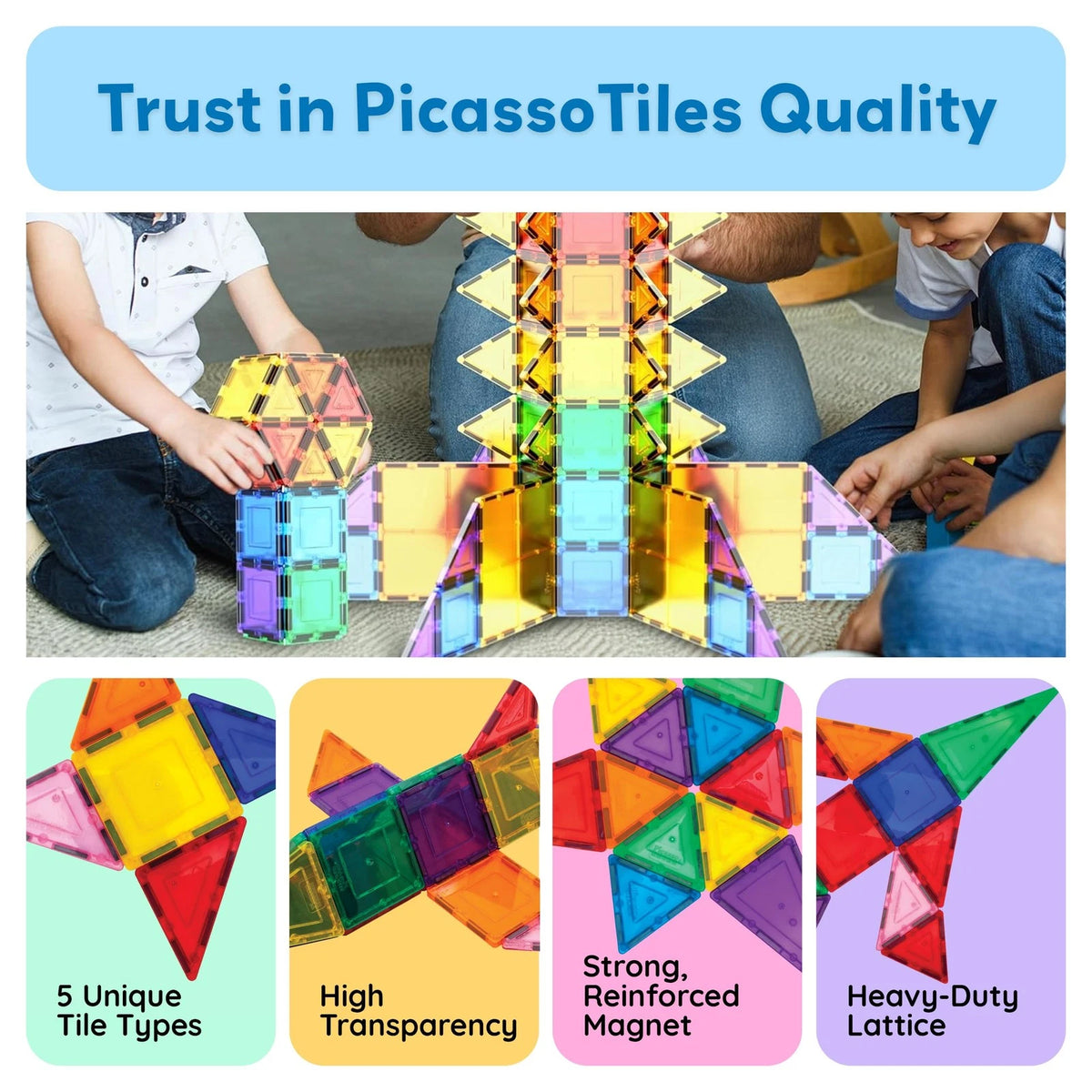 PicassoTiles 100 Piece Set 100pcs Magnet Building Tiles Clear 100, Multicolor