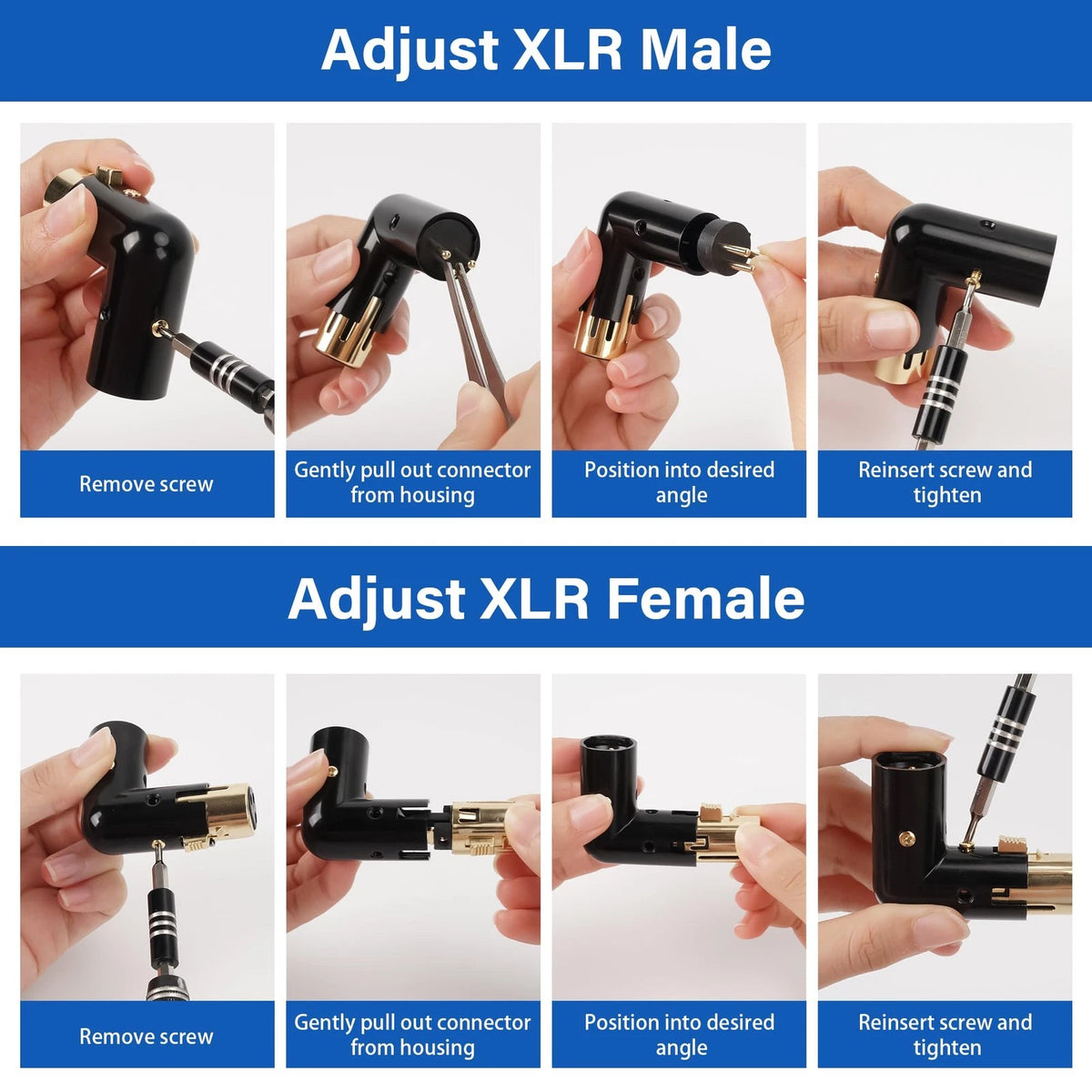 Togconn Adjustable 3-PIN Right Angle XLR Adapter 2 Pack, 90 Degree Black