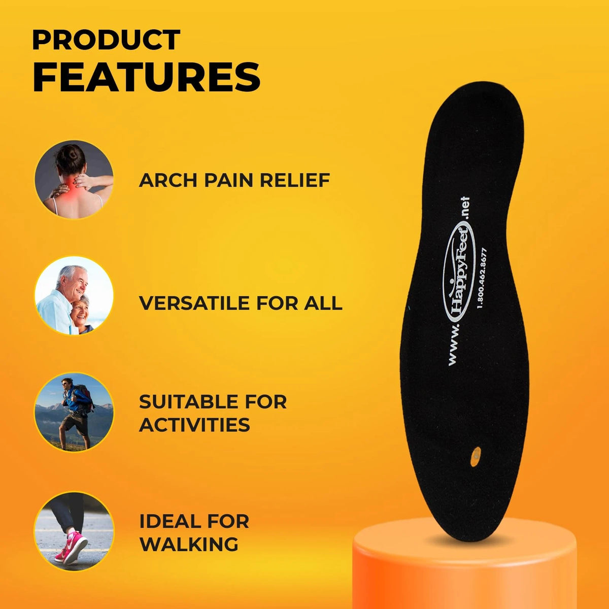 Happy Feet Insoles, Foot Pain Inserts S (Women 7.5-8 / Men 5-6.5), Black