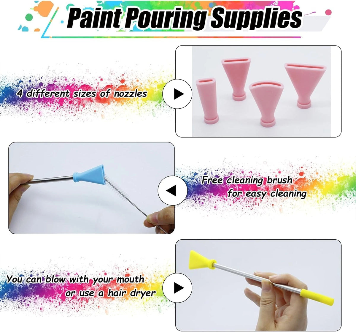 4PCS Stainless Steel Straw Blow Nozzles Set for Acrylic Paint Pouring Pink