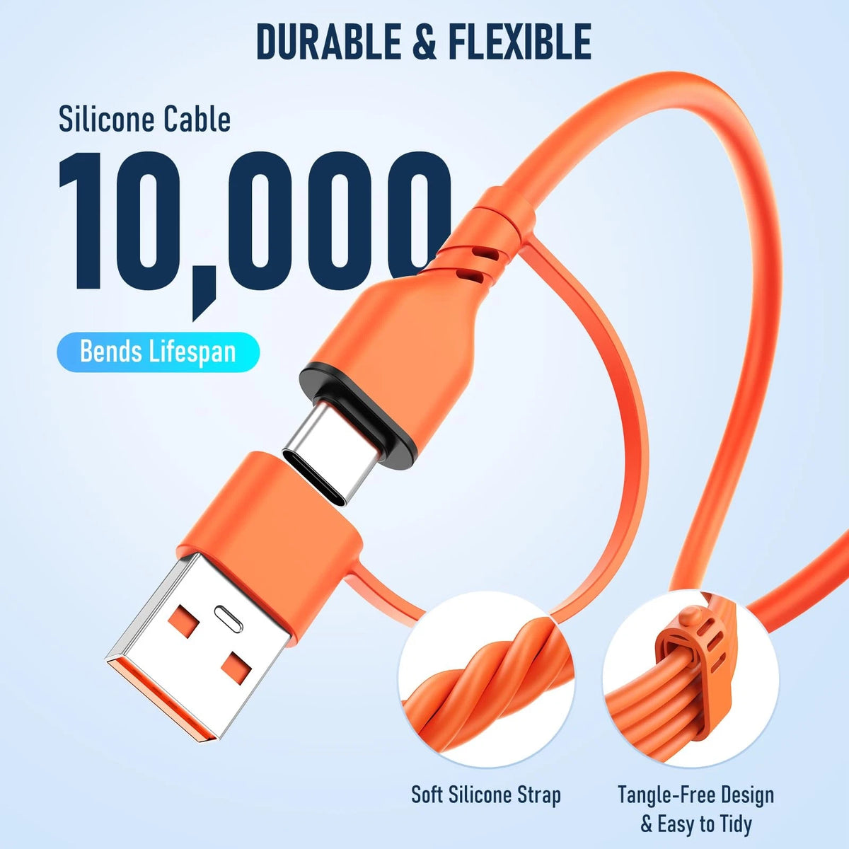Travel Essentials 3 in 2 Multi Charging Cable 100W USB A/C to Dual Orange