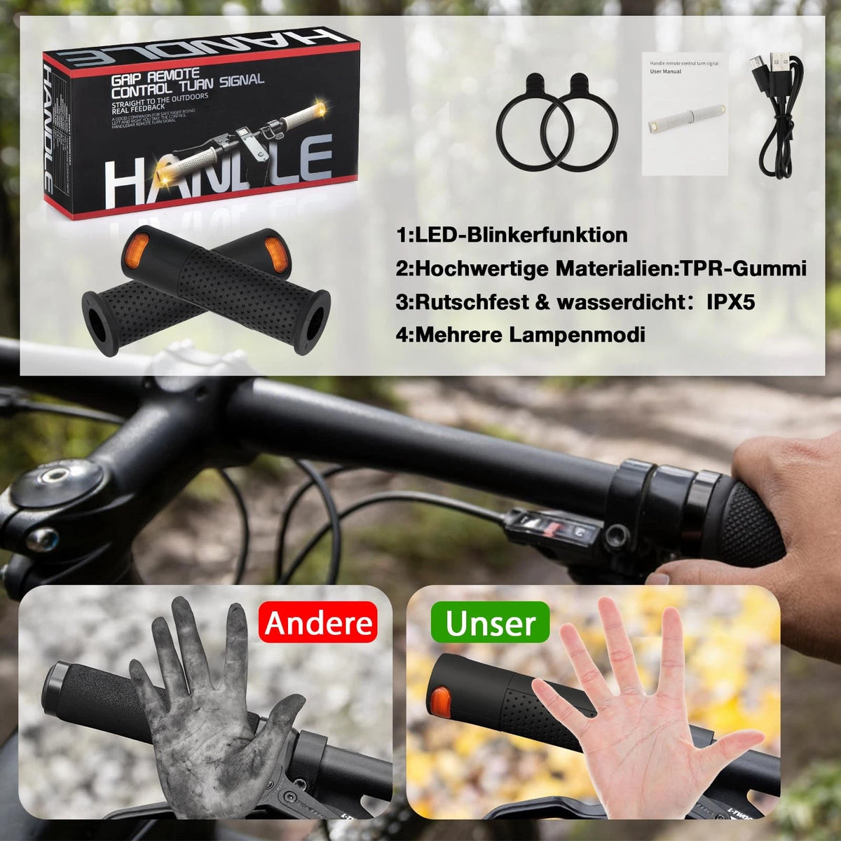 E Scooter Handle Grips Turn Signal, One Size, black-Handle light