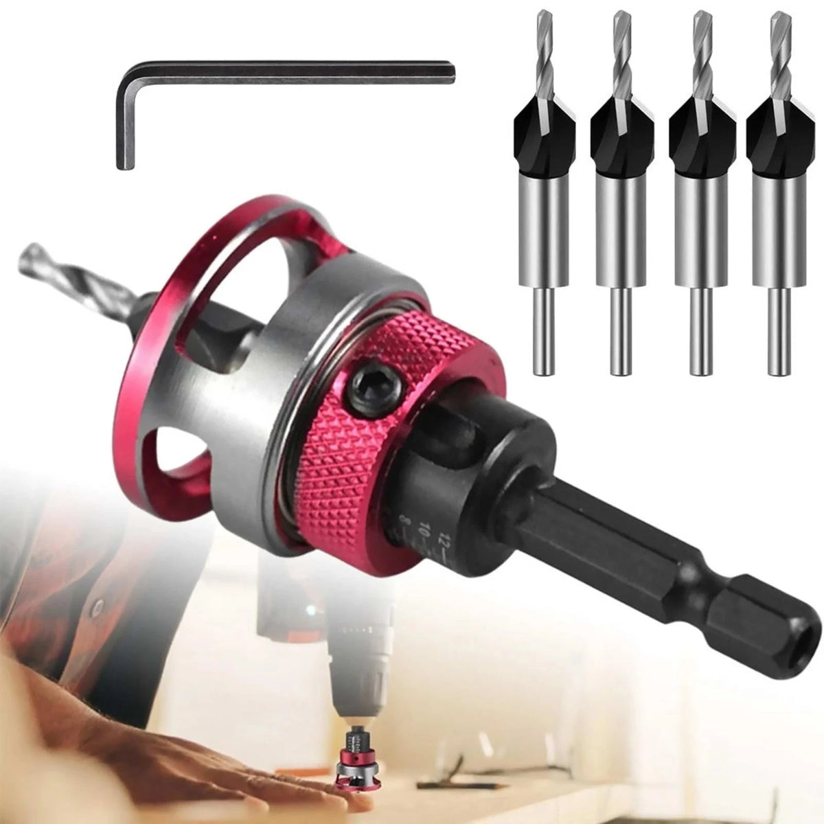 6PCS Adjustable Depth Countersink Set for Wood Screw Holes and Head Sinking
