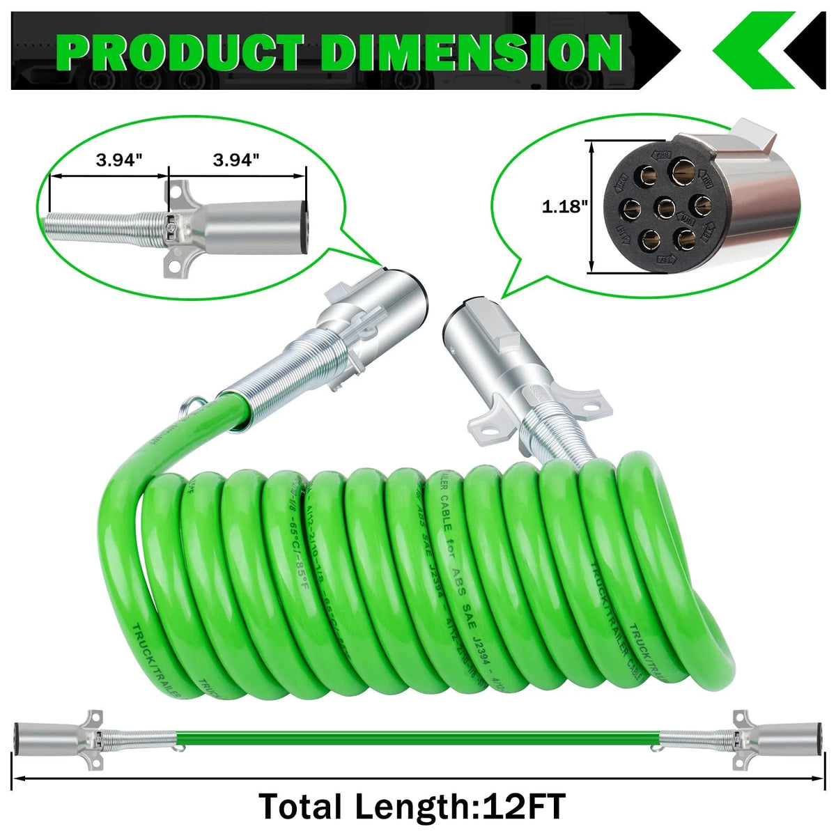 CheeMuii 7 Way Coiled Trailer Cord 12 FT 12 COILED CORD, 12